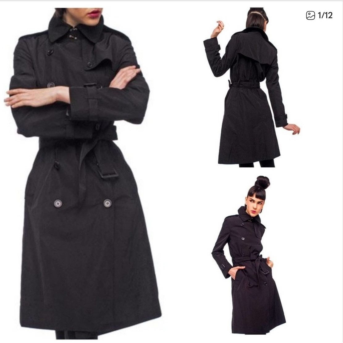 Norma Kamali Trench Coat Women's Small Black Midi Lenth Belted Button Closure